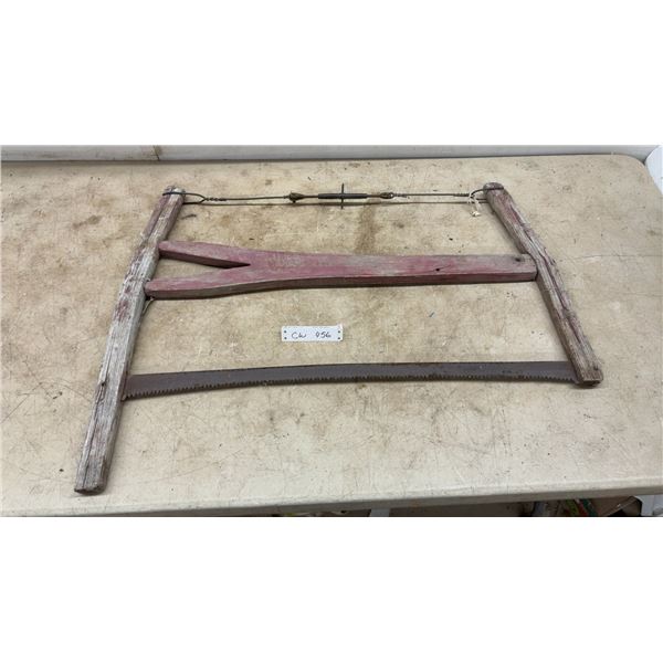 Antique Wooden Bucksaw with Red-Painted Y-Shaped Stretcher and Wire Tensioning System