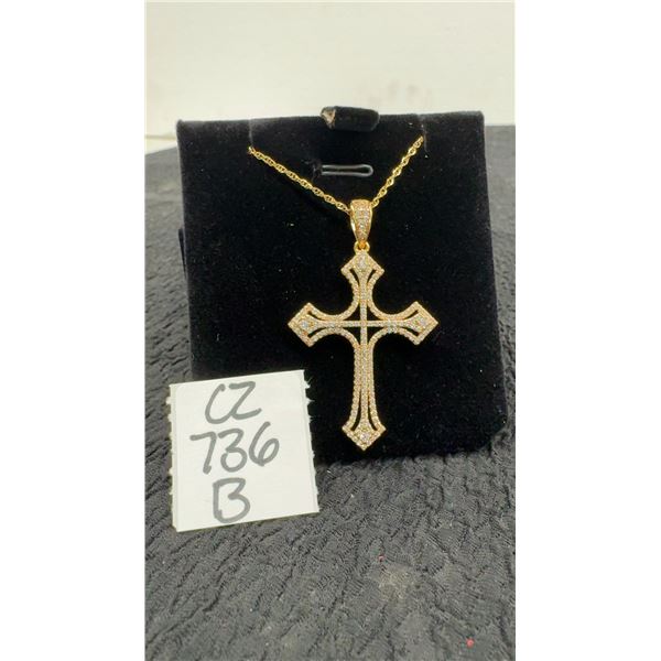 18K Gold Plated 46.0mm Simulated Diamond Cross Necklace, 18” Long