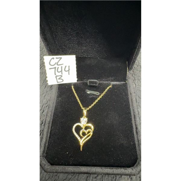 14K Gold Plated 0.5ct Heart Cut Simulated Diamond Double Heart Necklace, 18”-19” Long