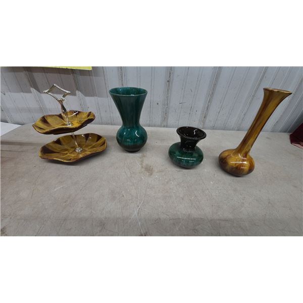 Frankoma Pottery Lot: Two-Tier Snack Server, Prairie Green and Desert Gold Vases and. Blue mountain