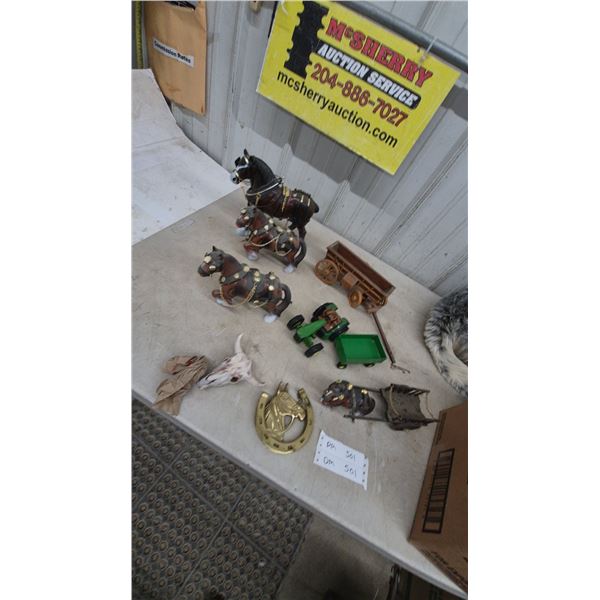 Clydesdale Horse Figurines, Wooden Wagon, John Deere die cast Tractor, Brass Horseshoe