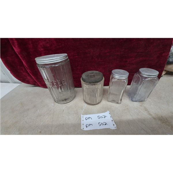 Vintage Hoosier Ribbed Clear Glass Canister Set, Coffee, Tea and Two Spice Shakers