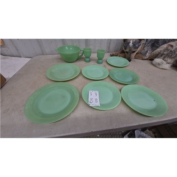 Fire king Jadeite Glassware: mixing bowl, 2 Egg Cups, Plates. 10x