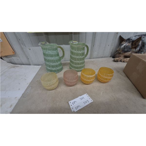Italian Mid-Century Modern Spaghetti Glassware, Two Green Pitchers and Four Tumblers