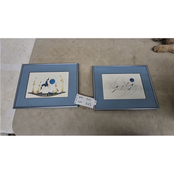 2x Framed S. K. King 1980 Indigenous Art Prints, Stylized Geese and Birds in Flight 10”×13”