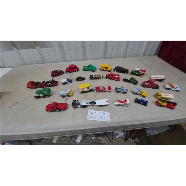 Assortment of Die-Cast Toy Vehicles Including Shell Tankers, School Bus, Fire Truck, Semis