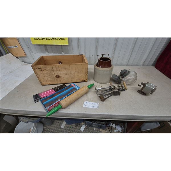 Wood Box, Stoneware Jug, Rolling Pin, Egg Beaters, Oil Lamp, A.B. Dick Pencil Sharpener