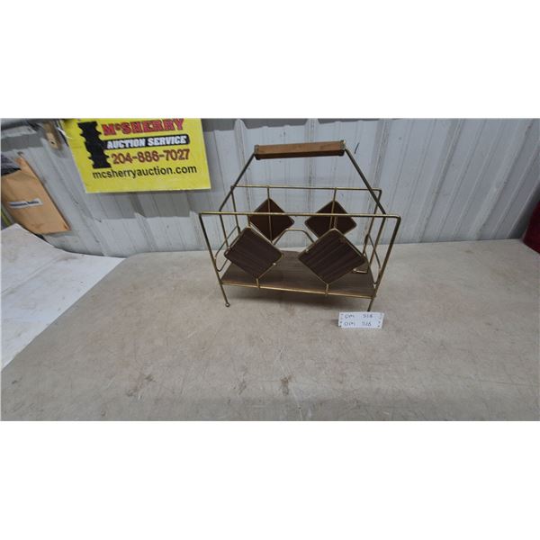 Mid-Century Modern Brass and Wood Magazine Rack with Diamond Accents