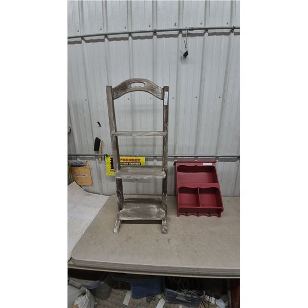 Distressed style Wood 3-Tier Shelf with Arched Top and Red Wall Shelf with Cubbies and Hooks