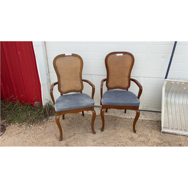 Pair of Cane Back Armchairs with Blue Upholstered Seats