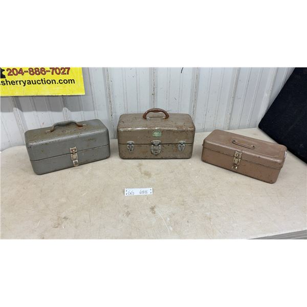 3 Metal Fishing Tackle Boxes, with Filleting Knife, and Berkeley Fishing rod Storage Rack system