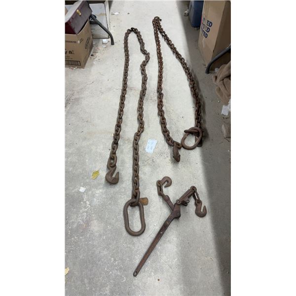 Two Heavy-Duty Steel Logging Chains With Grab Hooks, Master Link, Approx 12 Ft and Load Binder