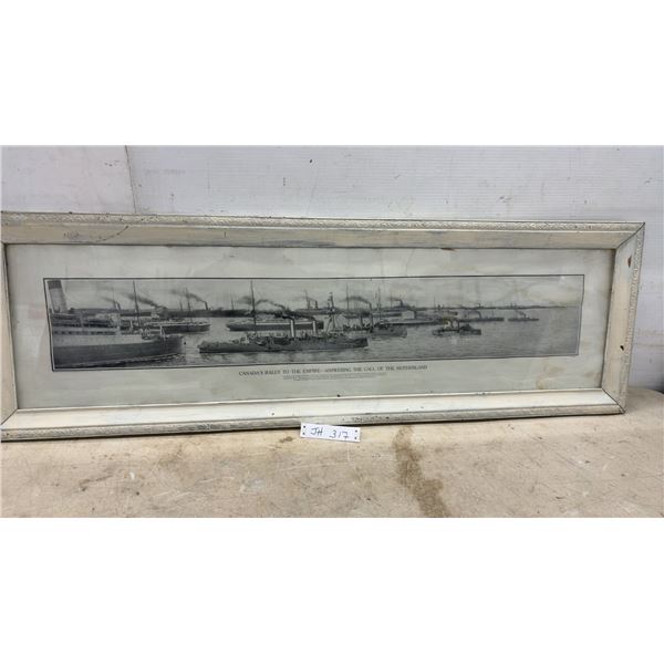 Framed WWI Panoramic Print "Canada's Rally to the Empire" Family Herald Montreal 1914, 15 × 48”