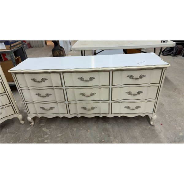 Vintage French Provincial Nine-Drawer Triple Dresser with Ornate Hardware and Cabriole Legs