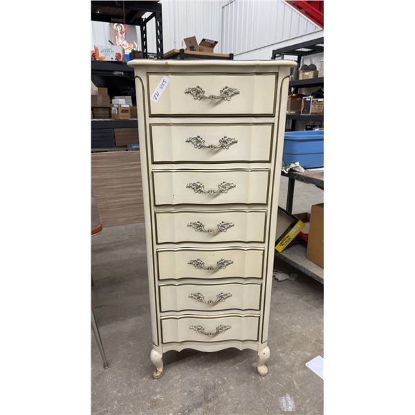 Vintage French Provincial Style 7-Drawer Lingerie Chest, Cream With Gold Trim, 52 × 16 × 22”