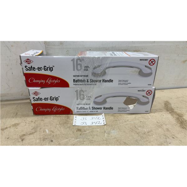 Two MHI Safe-er-Grip 16” Suction Cup Mount Bathtub and Shower Handle, Model 10255, White/Grey
