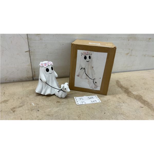 Ghost with Dog Resin Figurine with Pink Floral Crown by Kimberly Clark, 6” Tall