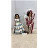 Image 4 : Pair of Vintage Native American Dolls with Crocheted Attire and Feathered Headdress, Tallest 16”