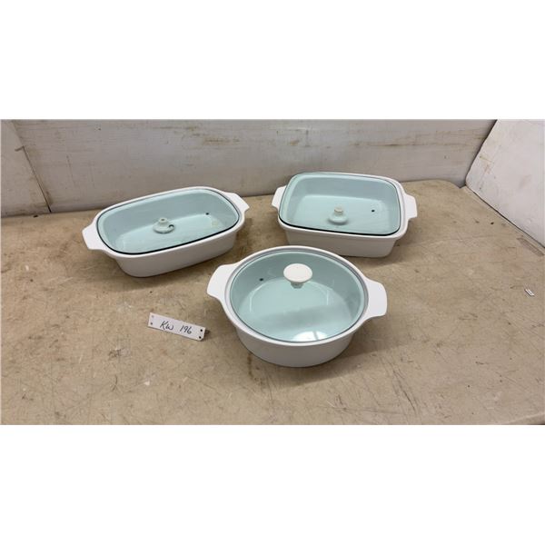 Three Ovenware Casserole Dishes with Aqua-Tinted Glass Lids