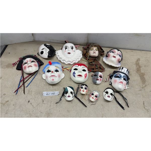 Collection of Decorative Ceramic Masks, Doll, Clown, Pierrot and Theatrical Styles