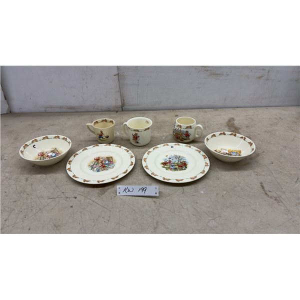 Royal Doulton Bunnykins Fine Bone China Set, Two Plates, Two Bowls, and Three Mugs