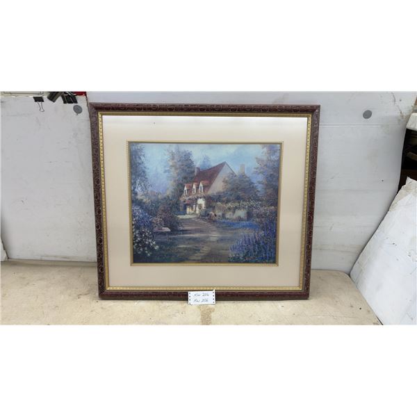 Framed Decorative Print of Cottage Garden in Ornate Carved Wood Frame with Gold Accents, 30 × 34”