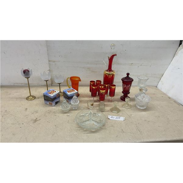 Red and Gold Decanter with Stopper, 6 Red and Gold Stemmed Glasses, Crystal, Candle Holders