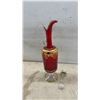Image 4 : Red and Gold Decanter with Stopper, 6 Red and Gold Stemmed Glasses, Crystal, Candle Holders