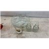Image 7 : Red and Gold Decanter with Stopper, 6 Red and Gold Stemmed Glasses, Crystal, Candle Holders