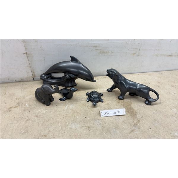 Set of Five Pewter-Finish Decorative Blue Mountain Figurines, Dolphin, Panther, Elephant, Seal