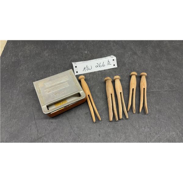 Vintage Vogue Made in England Metal Cigarette Rolling Machine and Wooden Clothespins
