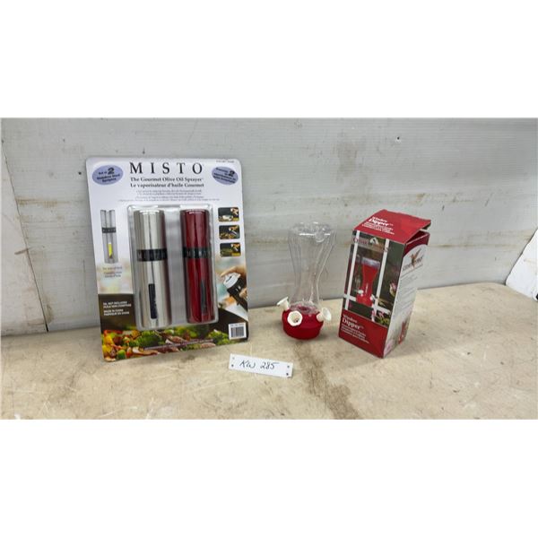 New Misto Gourmet Olive Oil Sprayer Set of 2 and Cedar Works Window Dipper Hummingbird Feeder