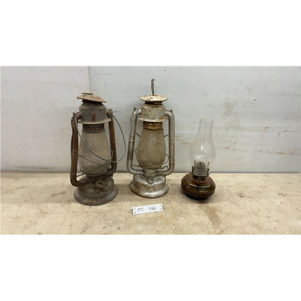 Two Beacon Cold Blast Kerosene Lanterns ( Glass Cracked on 1 Lantern) and Amber Glass Oil Lamp