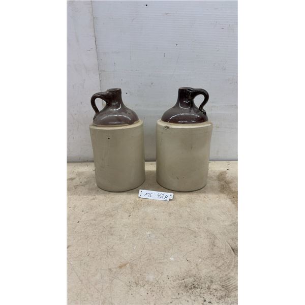 Pair of Antique Two-Tone Stoneware Finger Jugs With Brown Glazed Tops