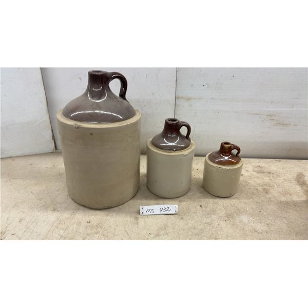 Set of 3 Two-Tone Stoneware Finger Jugs, Large Crock has Crack