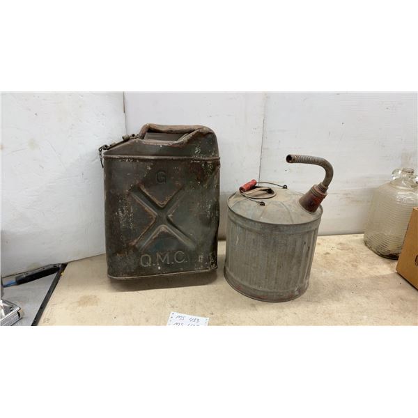 Vintage U.S. Military Q.M.C. Jerry Can (Dented on Side) and Galvanized Gas Can With Flexible Spout