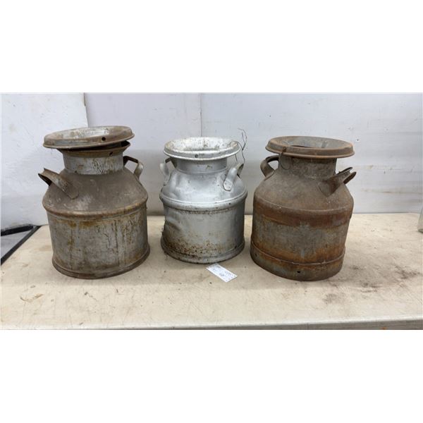 Three Galvanized Steel Dairy Farm Milk Jugs With Handles
