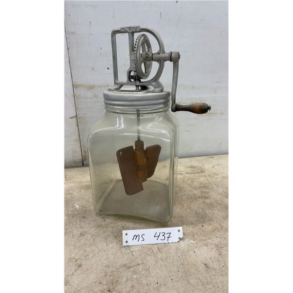 Antique Dazey Hand-Crank Glass Butter Churn with Cast Iron Gear and Wooden Paddles