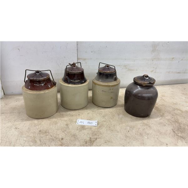 Antique Two-Tone Stoneware Preserve Crocks With Wire Bail Lids
