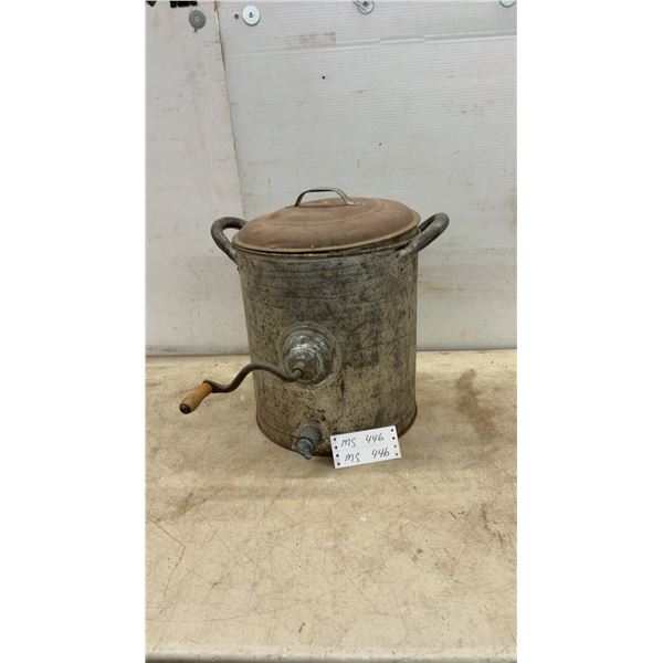 Vintage Galvanized Metal Hand-Crank Butter Churn with Lid, Side Handles, and Bottom Spigot