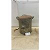 Image 1 : Vintage Galvanized Metal Hand-Crank Butter Churn with Lid, Side Handles, and Bottom Spigot
