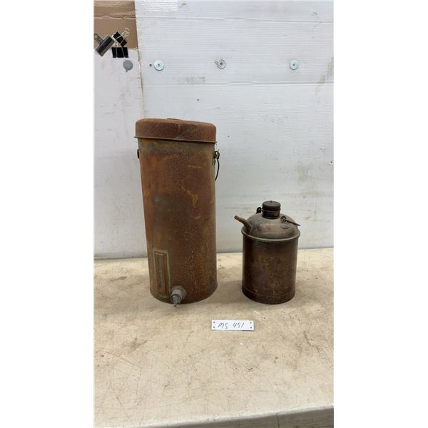 Vintage Metal Liquid Dispenser with Spigot and Sight Glass and Can with Pouring Spout
