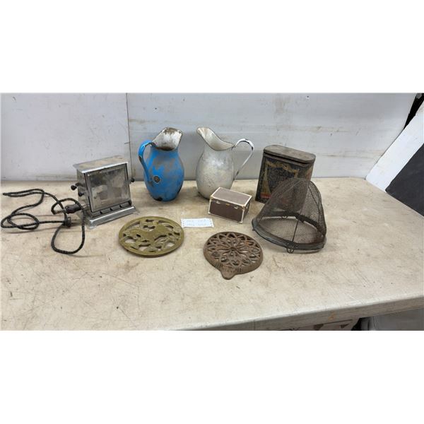 Vintage Chrome Flip-Side Toaster, Enamel Pitchers, Royal Shield Tin, Brass Trivet