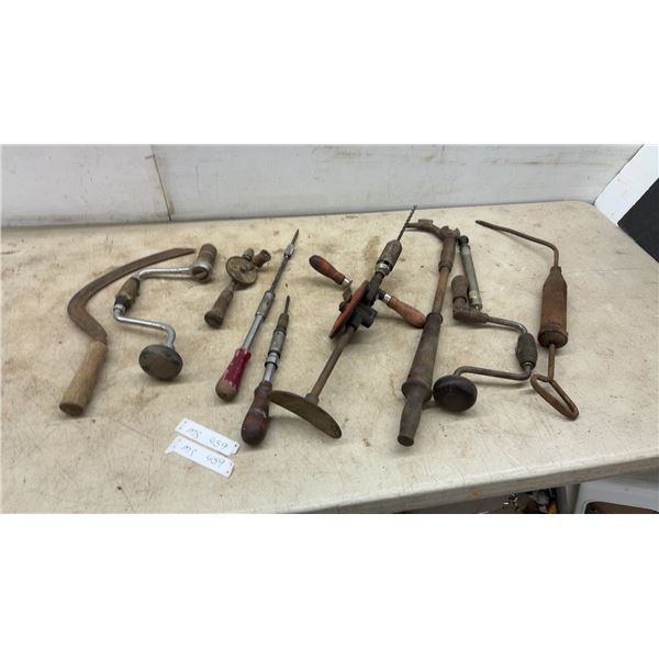 Vintage Hand Tool Lot Including Hand-Cranked Breast Drill, Brace Drills, Sickle
