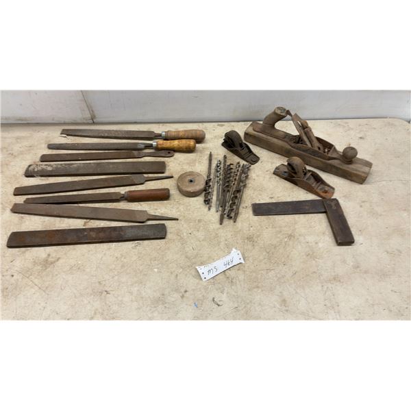 Vintage Woodworking Tools Including Hand Planes, Files, Rasps, Bits, Square
