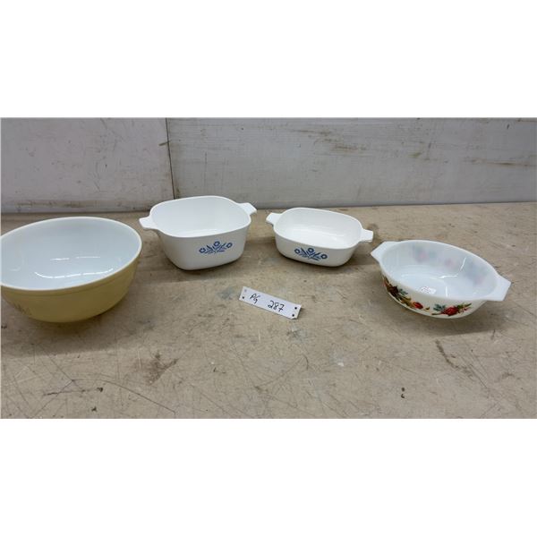 Four Pyrex and Corning Ware: Blue Cornflower 30oz/56oz, Harvest 40oz, Forest Fancies 2.5qt