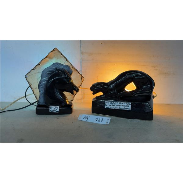 Two High Gloss Black Mid-Century Modern Panther and Horse Head TV/Planter Lamps with Shade