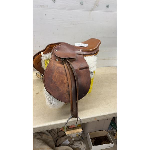Leather English Pony Saddle with Stirrup Leathers, Metal Stirrup and Irons