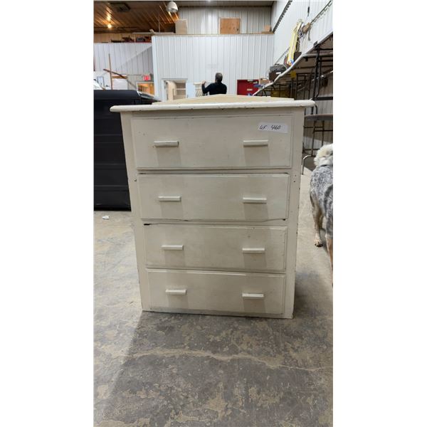 Vintage Painted Off-White Wooden Four-Drawer Dresser with Rectangular Wooden Pull Handles