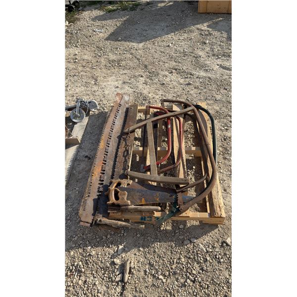 Pallet Lot of Saws; Vintage 2 Man Saws, Hacksaws, bow saws